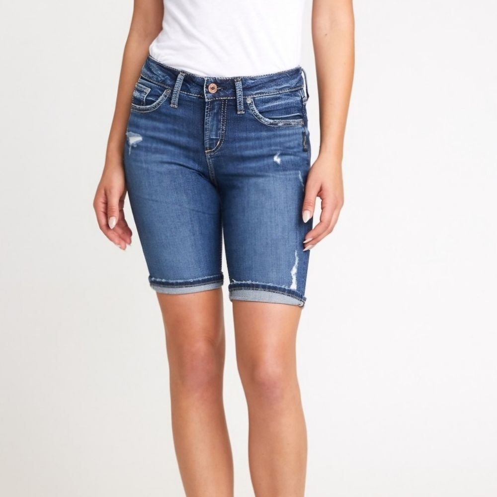 Silver Jeans Co Suki Bermuda Shorts Curvy Mid Rise Distressed Denim Women's 29